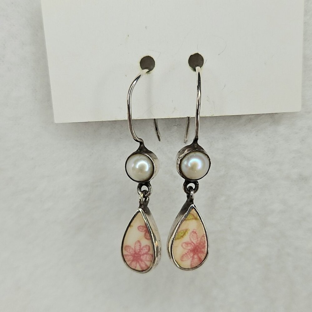 Jessica Lee Sterling Silver Earrings Pearl Pink Flower Pottery Ceramic JL 925